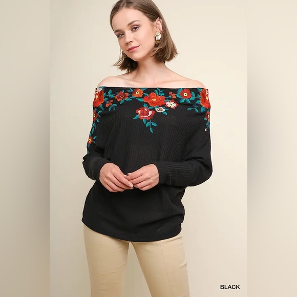 Umgee Sweaters - UMGEE Floral Embroidered Off-Shoulder Black Sweater